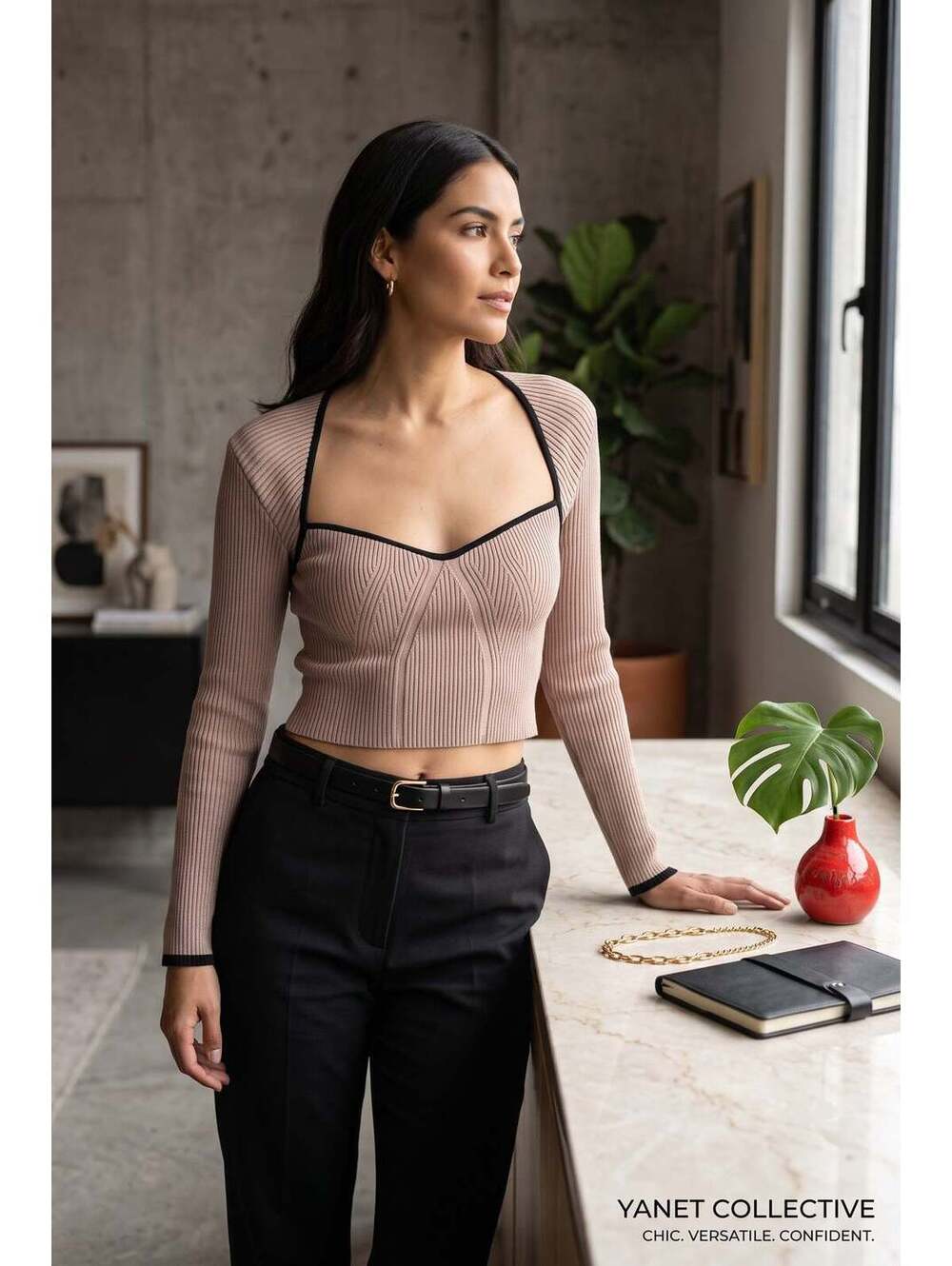 Dusty Pink Long Sleeve Ribbed Crop Top with Contrast Trim